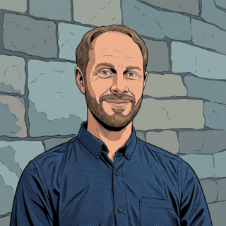 A comic-style portrait of the author with natural skin tones, a dark blue shirt and a cool grey stone wall behind him.